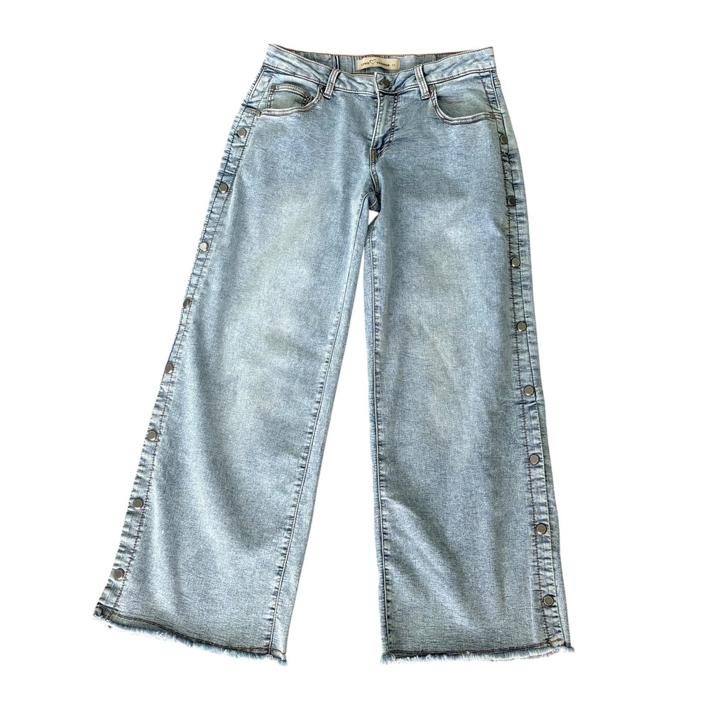 Love Trends Womens Light Wash Snap Side Wide Leg Jeans Size 11 Frayed Hem Y2K